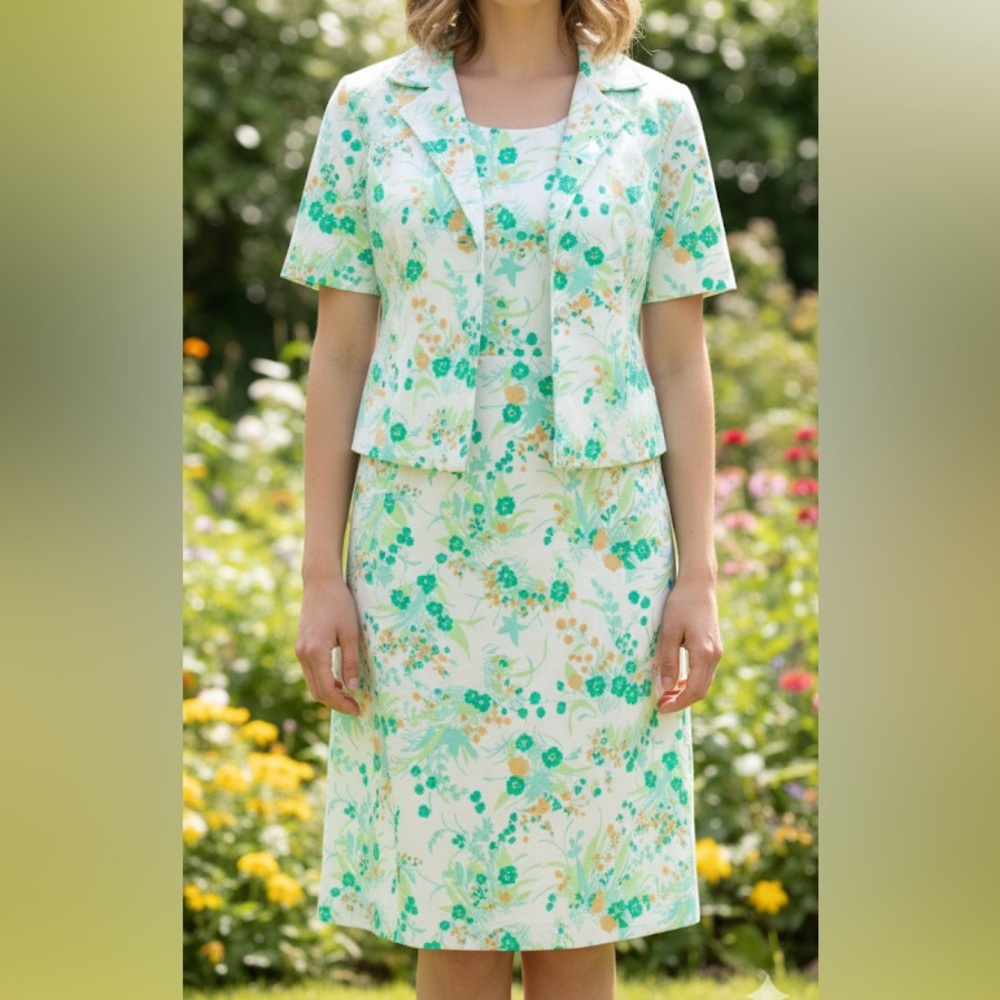VINTAGE Floral Sheath Dress & Jacket Twin Set